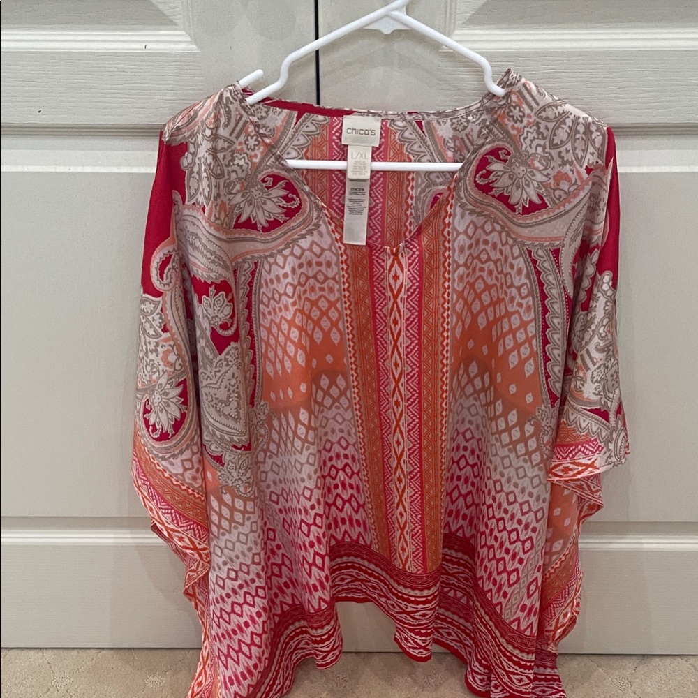Chico's Red and Orange Patterned Blouse